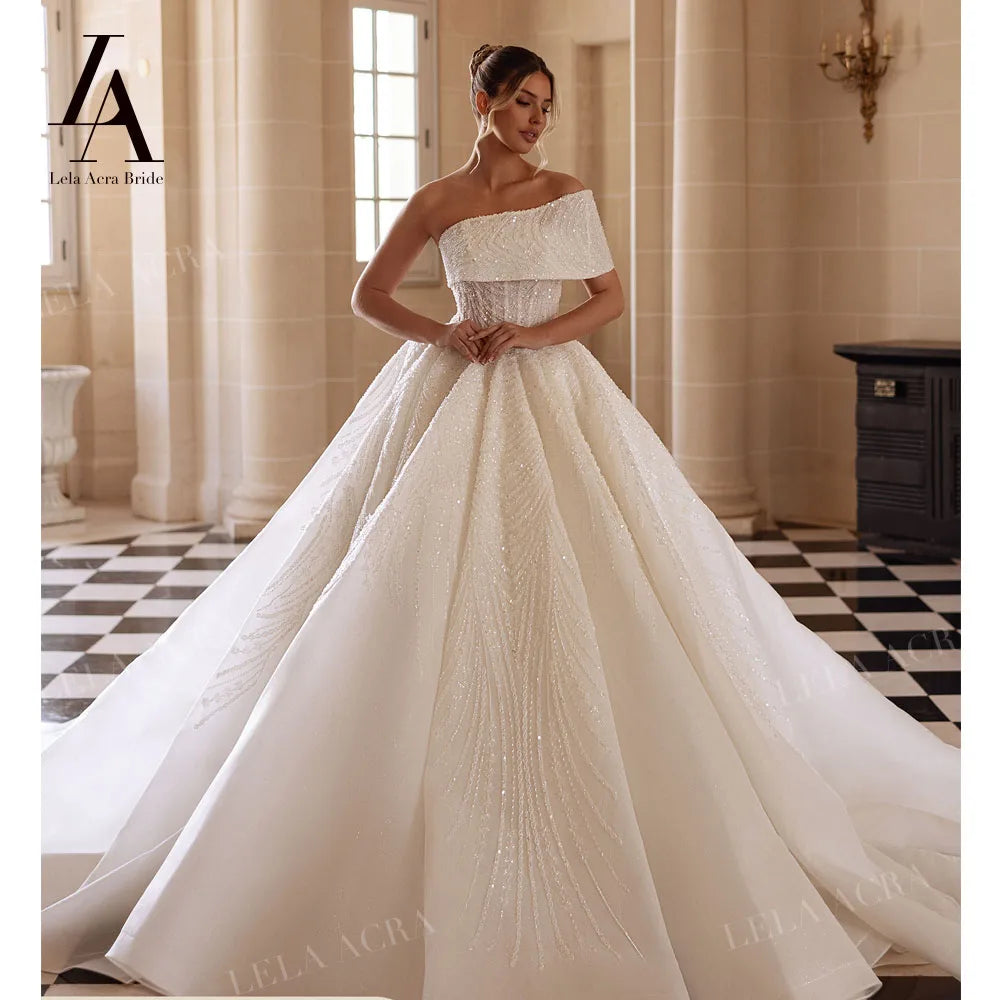 LelaAcra Luxury A-Line Wedding Dress 2026 Off the Shoulder Beading Princess Bride Gown SM244 Customized Party Vestido De Noiva