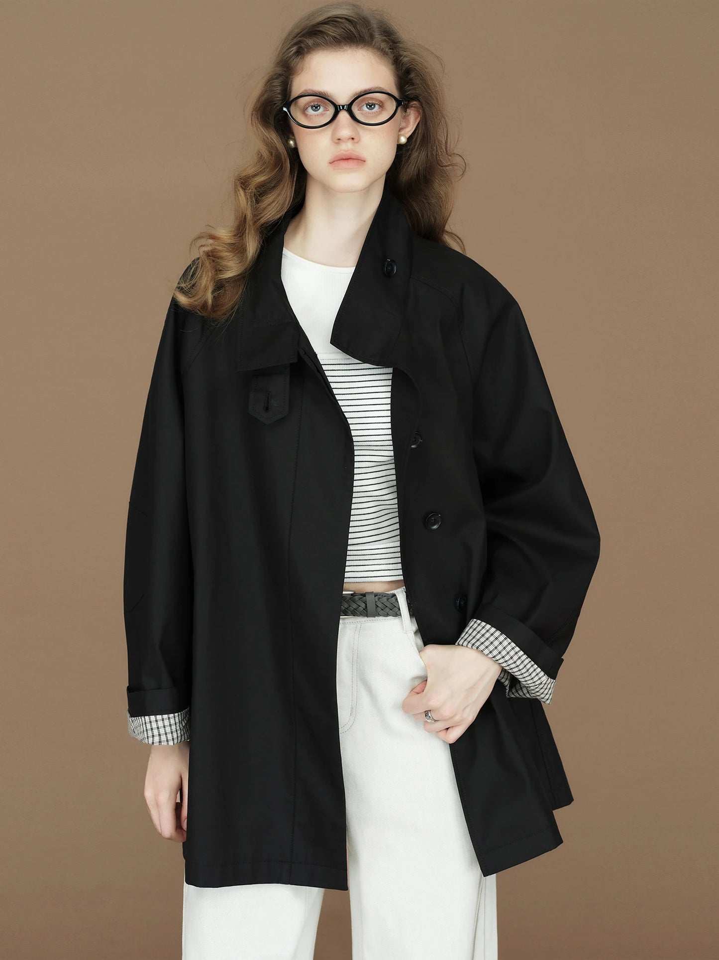 FSLE 2026 Womens British Trench Coat Contrast Cuff Stand Collar Heritage Workwear Style Pink Black Khaki Short Long Trench Coat