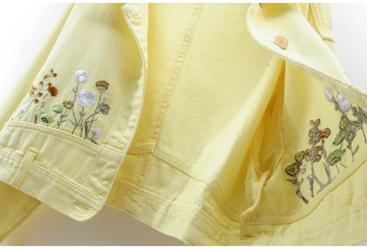 Chic Floral Embroidery Crop Denim Coats Women Lapel Long Sleeve Single Breasted Jeans Jacket Vintage Streetwear Female Outerwear