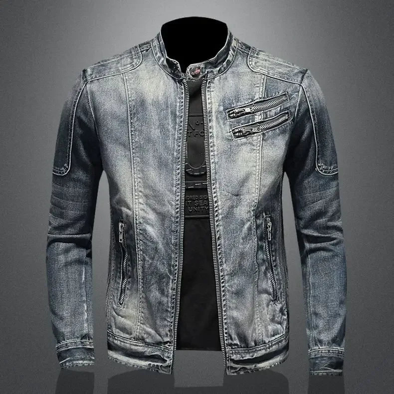 Men's Retro Denim Jacket Casual Oversized Stand Up Collar Zippered Jacket Cycling Motorcycle Coat Trend Loose Fit Top