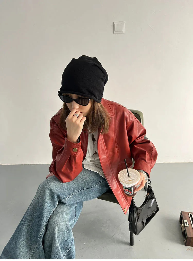 Punk Vintage Red Leather Jacket Women Streetwear Moto Biker Zipper Leather Jacket Female Winter High Street Chic Leather Coat