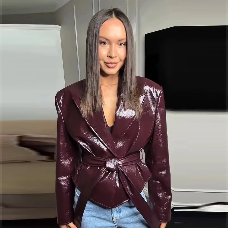 Glossy Lace-up Leather Jackets 2026 Autumn Female Lapel Shoulder Pad Full Sleeve Short Coat Women's Slim Waist-cinching Outwear
