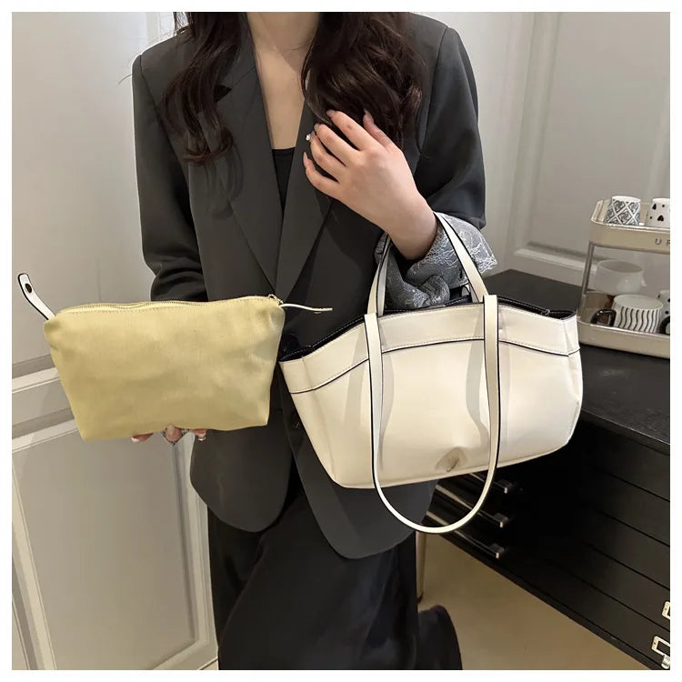Solid Color Soft Leather Handbag Women Single Shoulder Tote Bag, Large Capacity Commuting Set Handbags Shopping Cross Body Bags