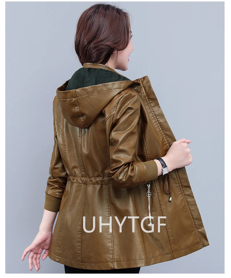 UHYTGF Fleece Winter Leather Female Quality Pu Leather Windbreaker Women Temperament Slim Warm 3XL Big Size Coat Deri Ceket 425