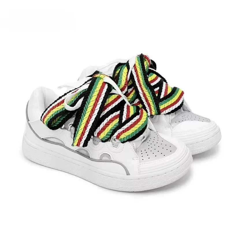 Black White Mixed Colors Couple Casual Sneakers Novelly Reflective Thick Sole Lace-Up Walking Shoes Breathable Women Men Shoes