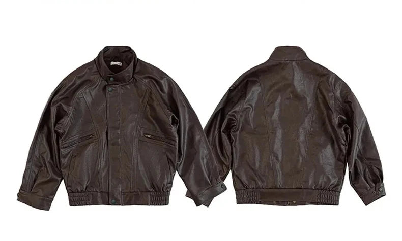Lautaro Autumn Cool Brown Oversized Leather Jacket Women Drop Shoulder Long Sleeve Zippper High Quality American Retro Clothing
