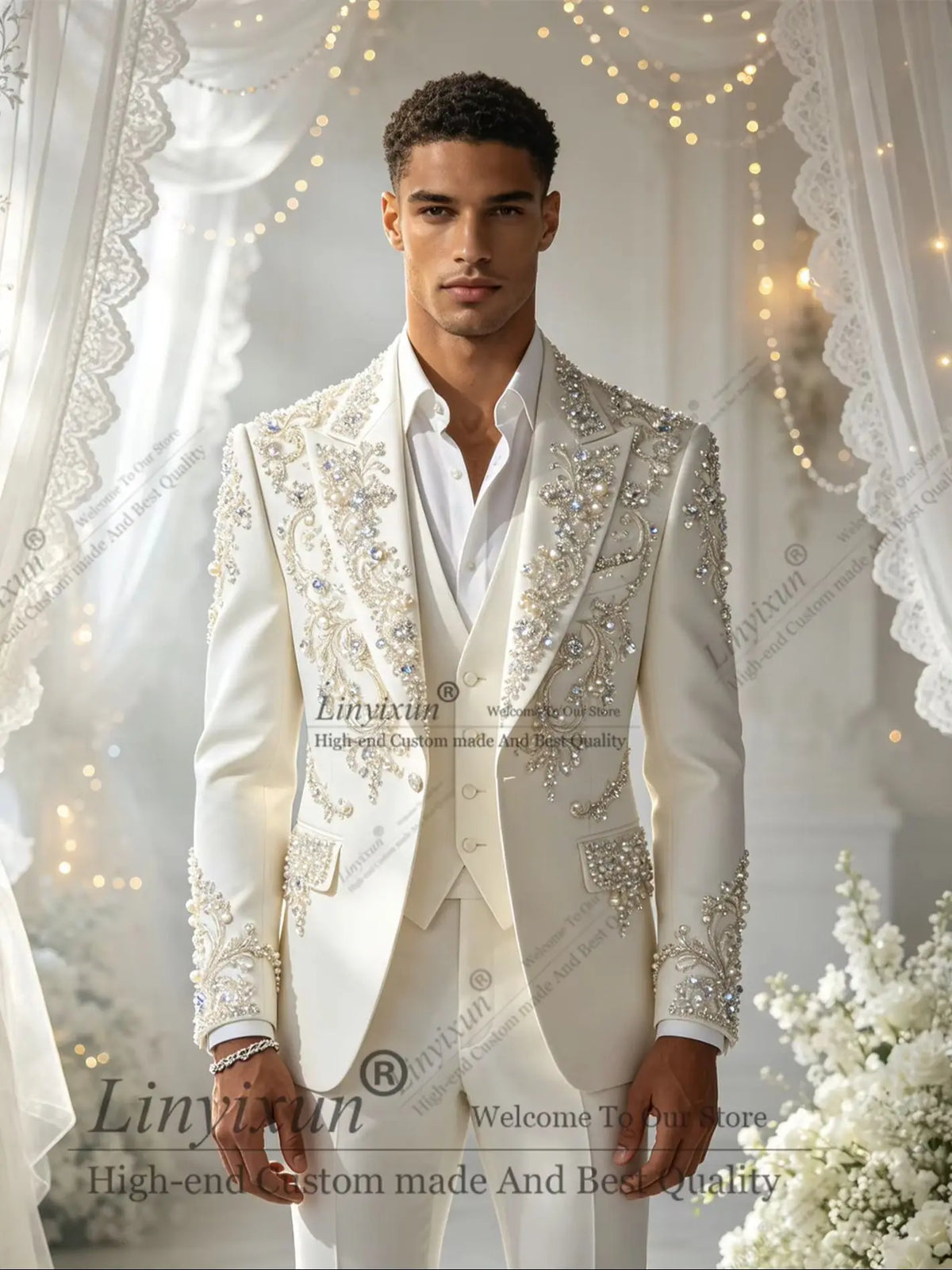 Elegant Diamond  Men Suits Set 3 Pcs Blazer Pants Trousers Luxury Wedding Tuxedo Formal Business Groom Coat Customized