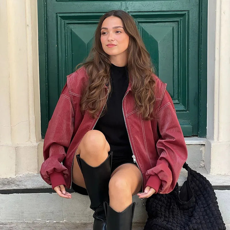 Women Stand Collar Leather Pilot Jacket Red Zipper Cropped Coat Fashion Casual Fashion Outerwear 2026 New Arrival Streetwear