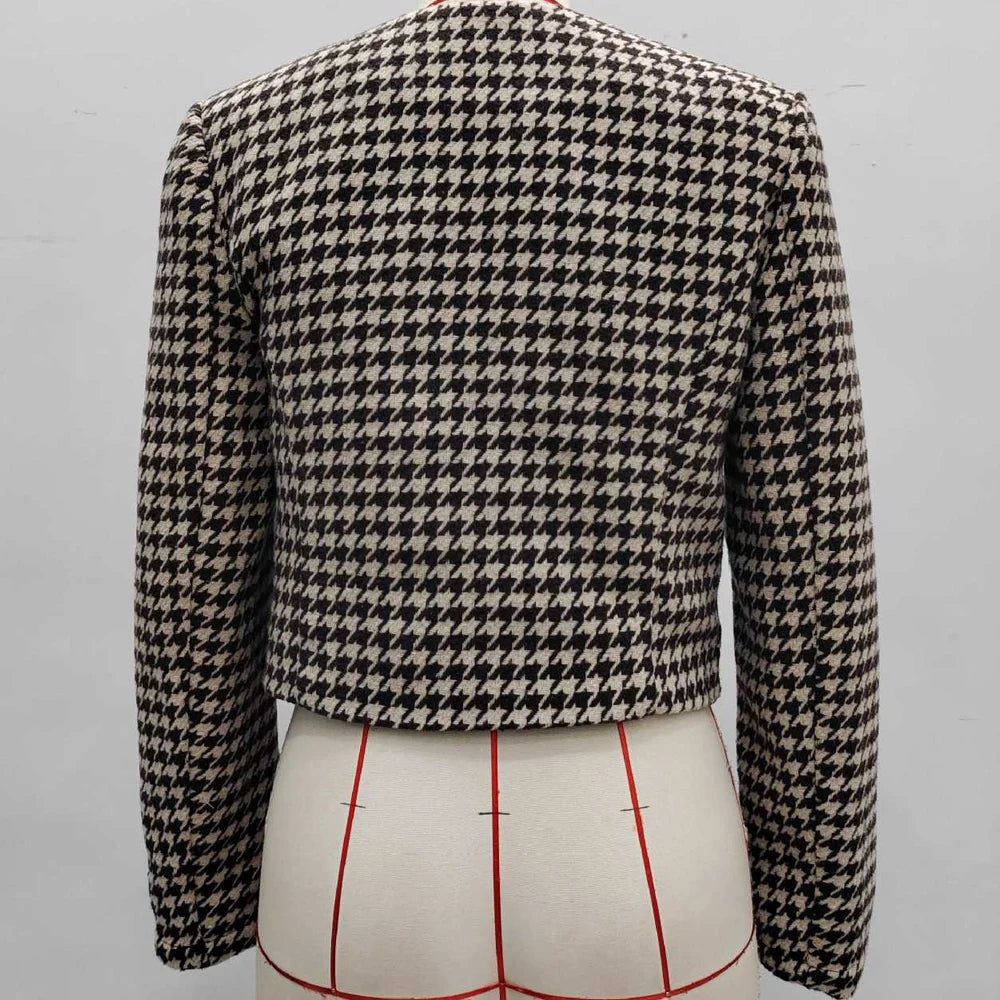 2026 Casual O Neck Tweed Cropped Jacket For Women Winter Plaid Long Sleeve Short Coat Ladies Autumn Button Pocket Outwear Female