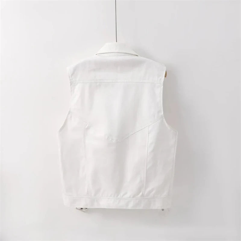 2025 New Women's Denim Tank Top Jacket Fashion Spring Summer Zipper White Sleeveless Tank Tops Female Jeans Coat