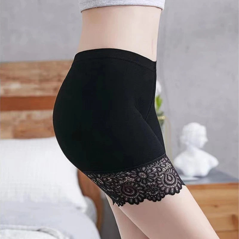 Soft Ice Silk Safety Shorts Pants Women Thin Summer Anti-Slip Lace Under Skirt Black Elastic 3/4 Leggings Bottoms Slim Fit 2024