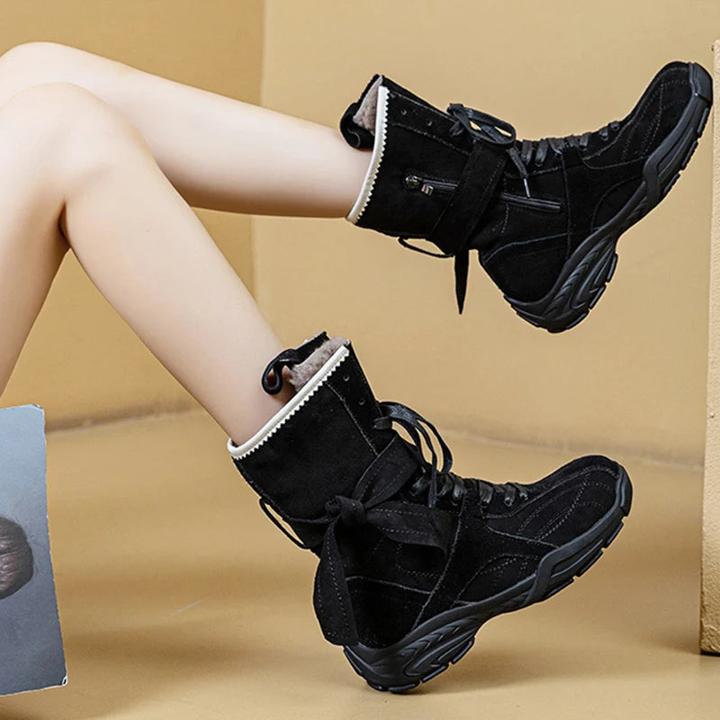 2025 Winter Genuine Leather Shoes Women Suede Boots Thick Sole 4.5cm Non-slip Warm Plush Fashion Brand Ladies Snow Boots D717