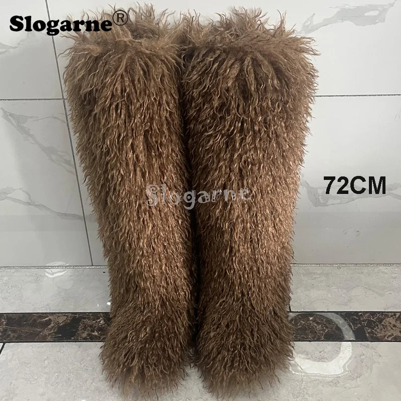 New Over The Knee Fur Boots Women Warm 72CM Long Faux Mongolian Fur Snow Boots Winter Luxury Fluffy Shoes Plush Platform Shoes