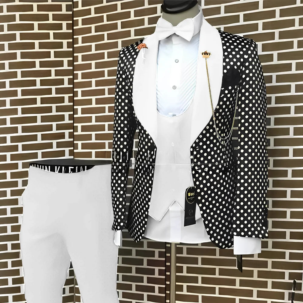 Spotted Men's Suit 3 Piece Set Wedding Groom Tuxedo Custom Slim Fit Blazer Pants Vest Men's Elegant Suit