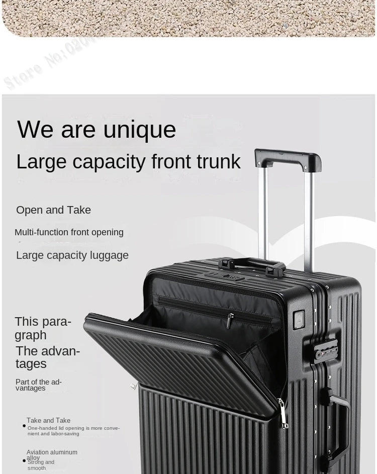 New 20'' Boarding Box Front Opening Suitcase Aluminium Frame 24/27 inch Rolling Luggage with Cup Holder Mobile Phone Holder