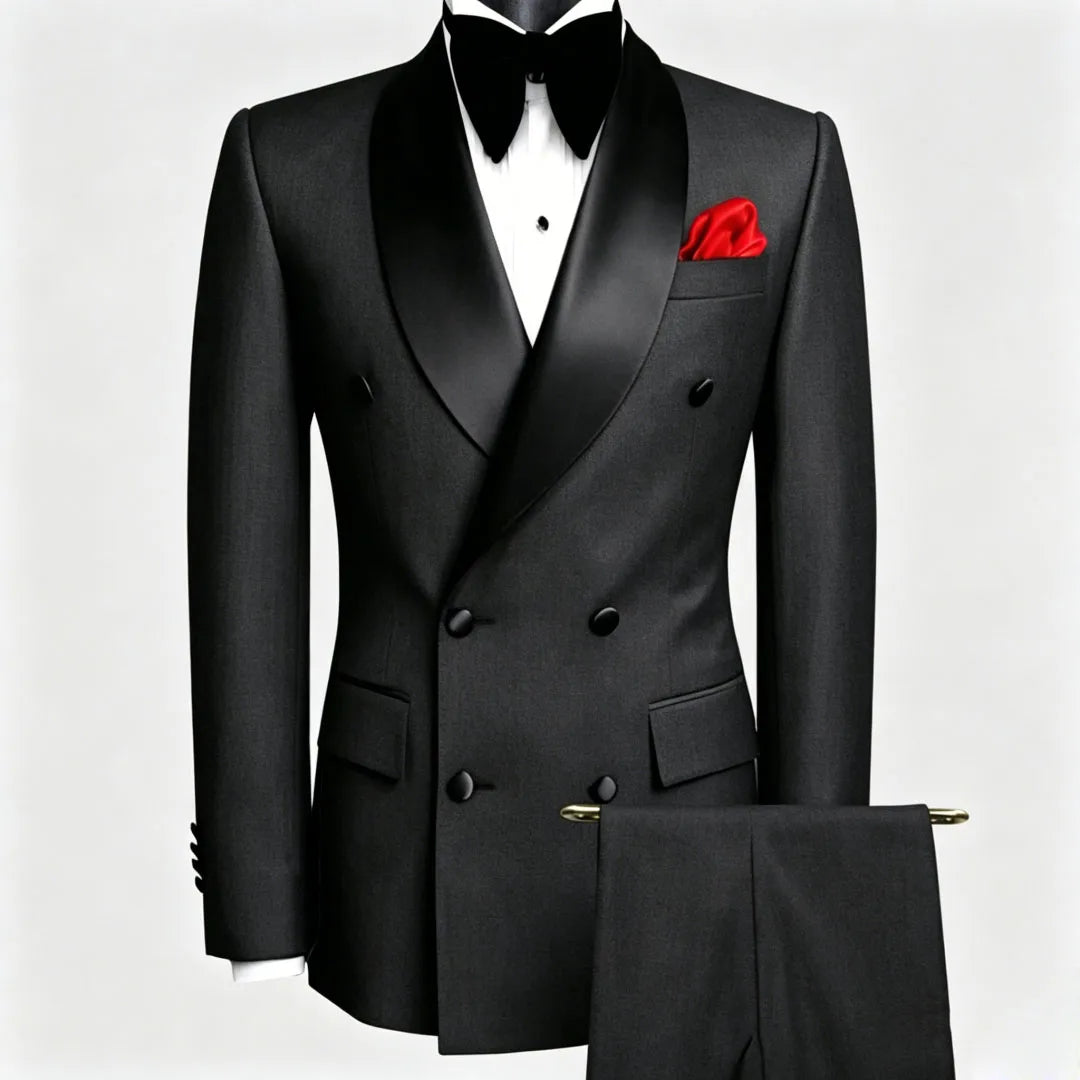 Men Suit Black 2 Pieces Double Button With Black Lapel For Wedding Groom Business Birthday Banquet Work Suit Jacket And Pants