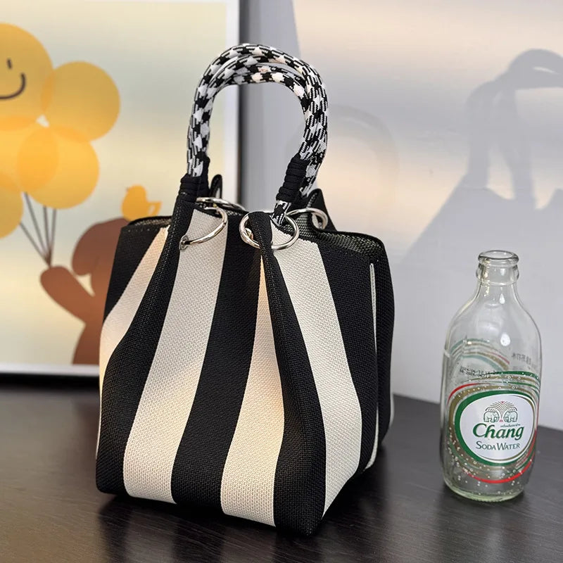 Colorful Stripe Handbag Large Capacity Bucket Rope Knot Spring Autumn Travel Versatile Soft Polyester Lining Mobile Phone Bag