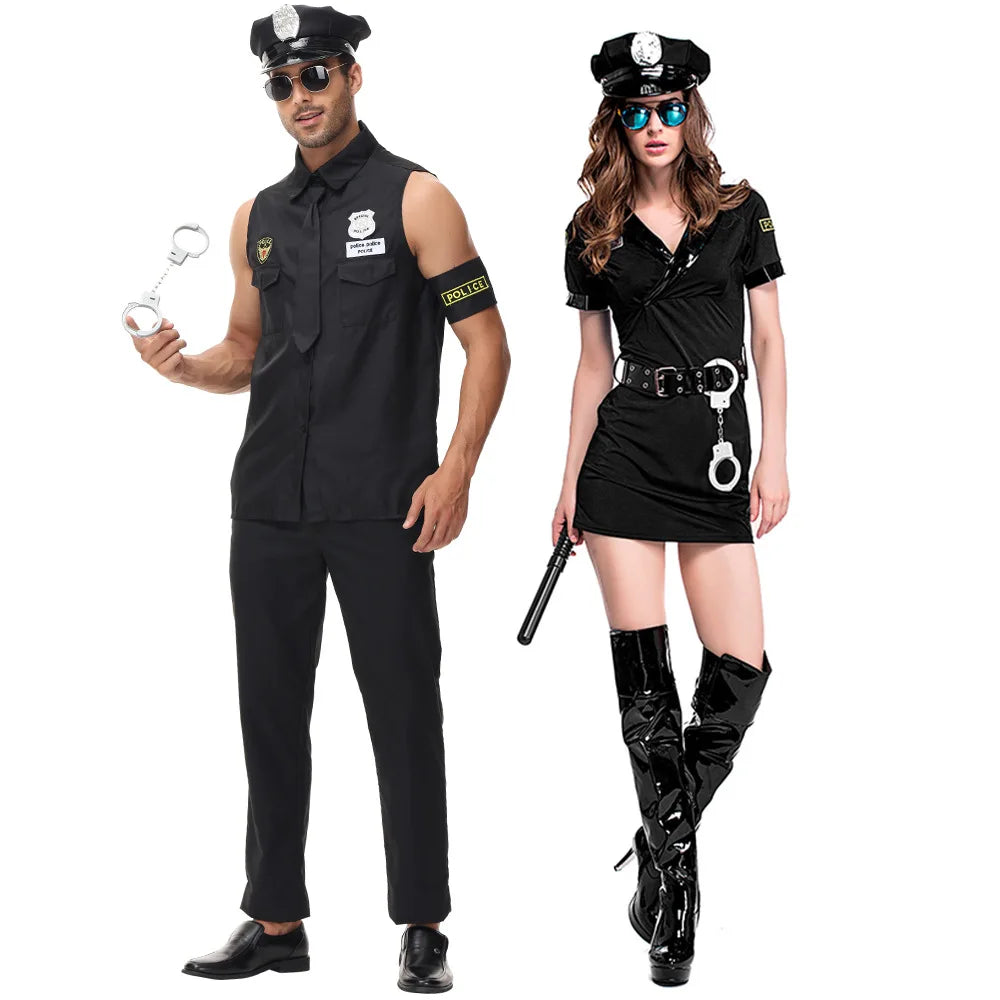 Couple Cop Costumes for Halloween Adult Carnival Party Police Officer Swat Role Play Outfits