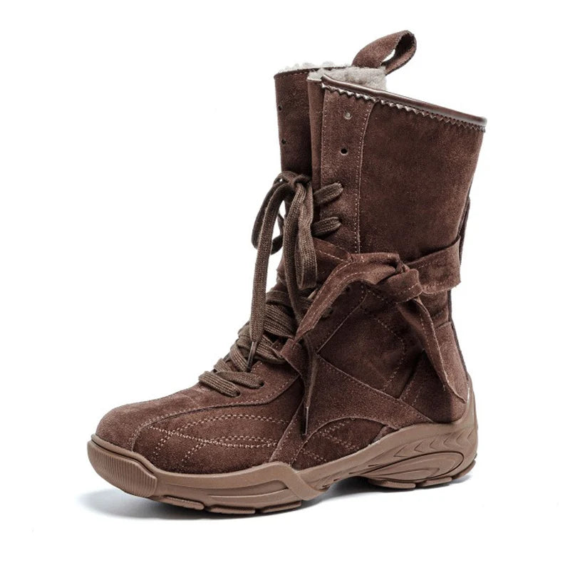 2025 Winter Genuine Leather Shoes Women Suede Boots Thick Sole 4.5cm Non-slip Warm Plush Fashion Brand Ladies Snow Boots D717