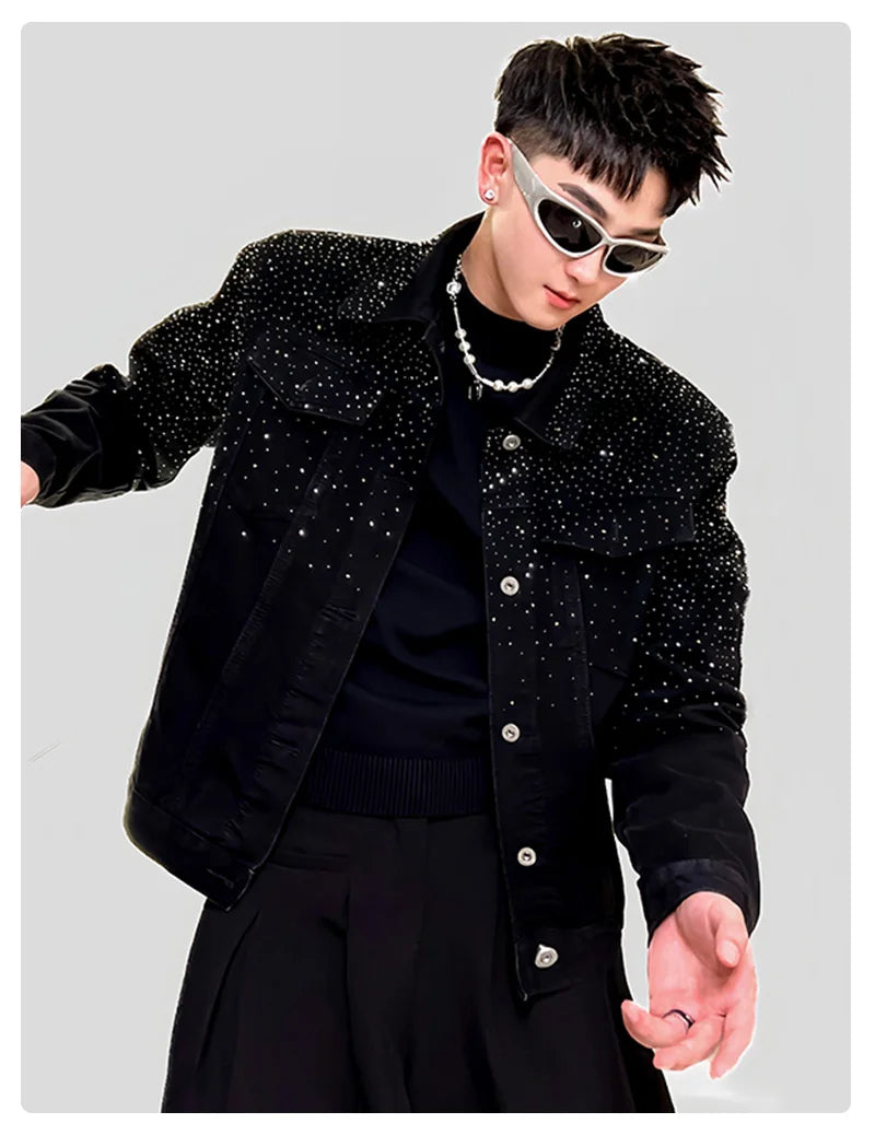 Fashion Denim Jacket High-End Handsome Shiny Rhinestone Light Luxury Trendy Men's Jacket Long Sleeve Single-Breasted Jackets