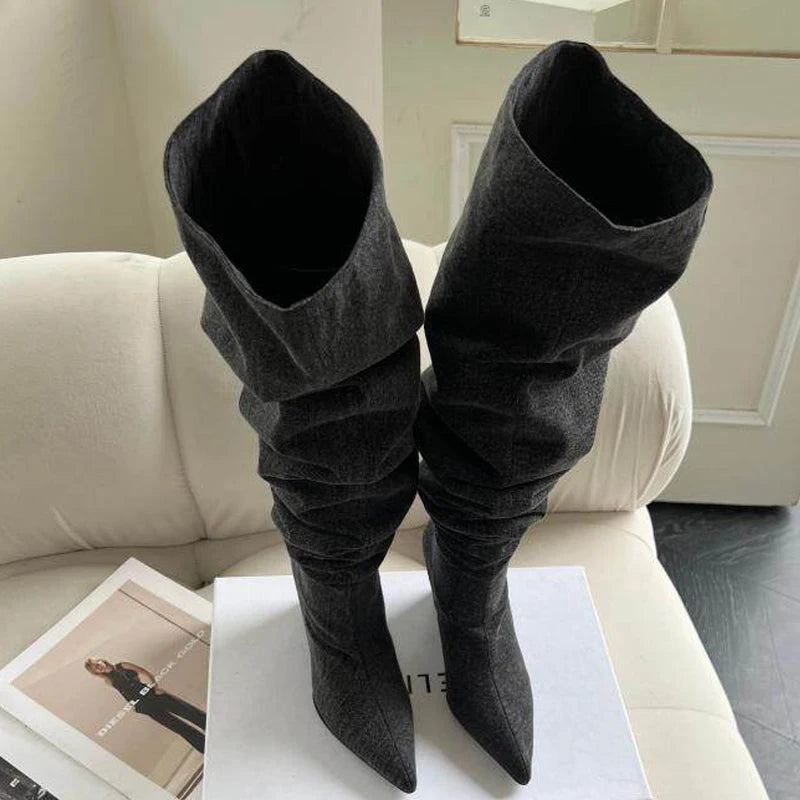 ZAROY Hot Girl Knight Long Boots Winter Stretch Denim Knee-high Boots Cozy Slip On Point Toe Wedge High Heels Sexy Long Booties