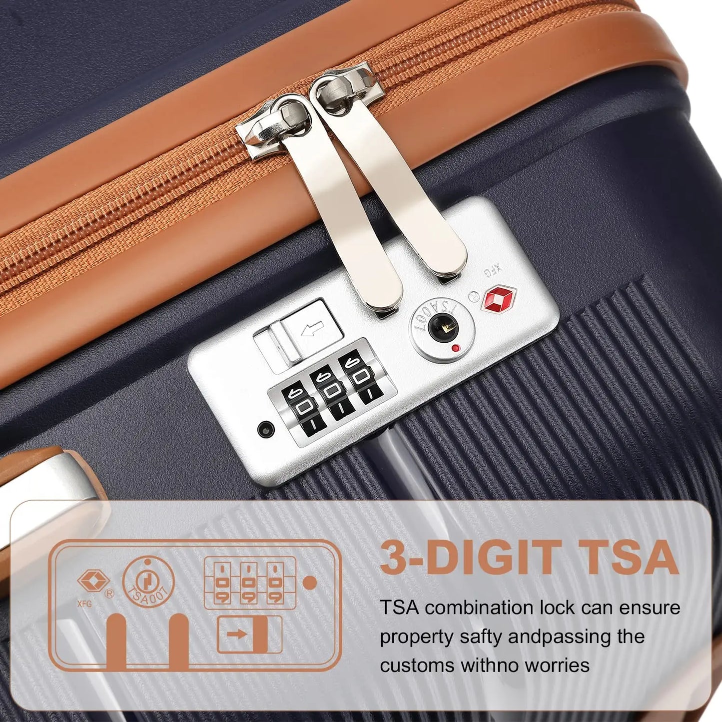British Traveller 3 Piece Case Set 100% PP 8 Spinner Wheels TSA Lock Hard-Shell hand luggage Dark Blue