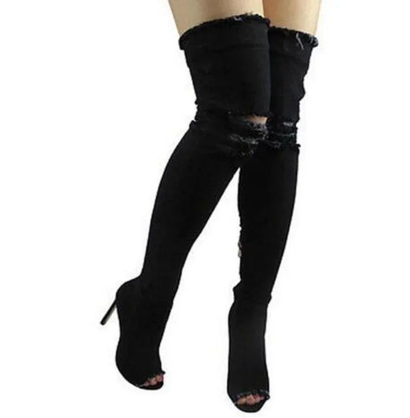 Summer Autumn Thigh High Boots Women Fashion Peep Toe Over The Knee Boots Blue Denim Jeans Zipper Long Boots Shoes Ladies