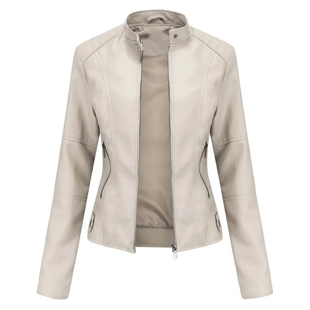 New women's leather jacket Slim jacket Thin section of the spring and autumn jacket Standing collar women's leather jacket