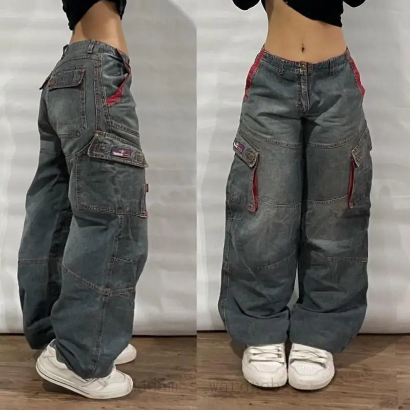 Fashion New Multi Pocket Washed Baggy Jeans Men And Women Low Waist Straight Leg Drawstring Closure High Elasticity Korean Style