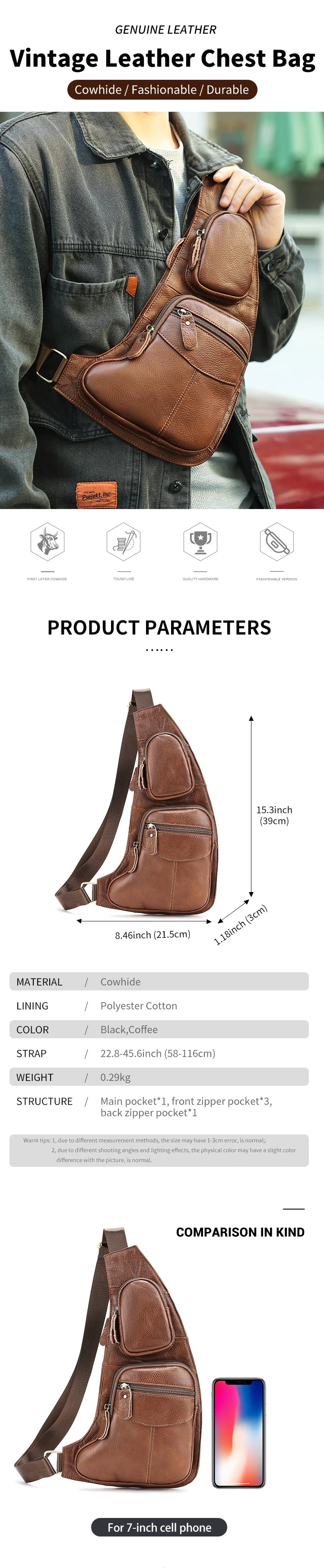 Men Genuine Leather Sling Cross Body High Quality Chest Bag Multi-Pockets Casual Male Cowhide Shoulder Bag Backpack Rucksack