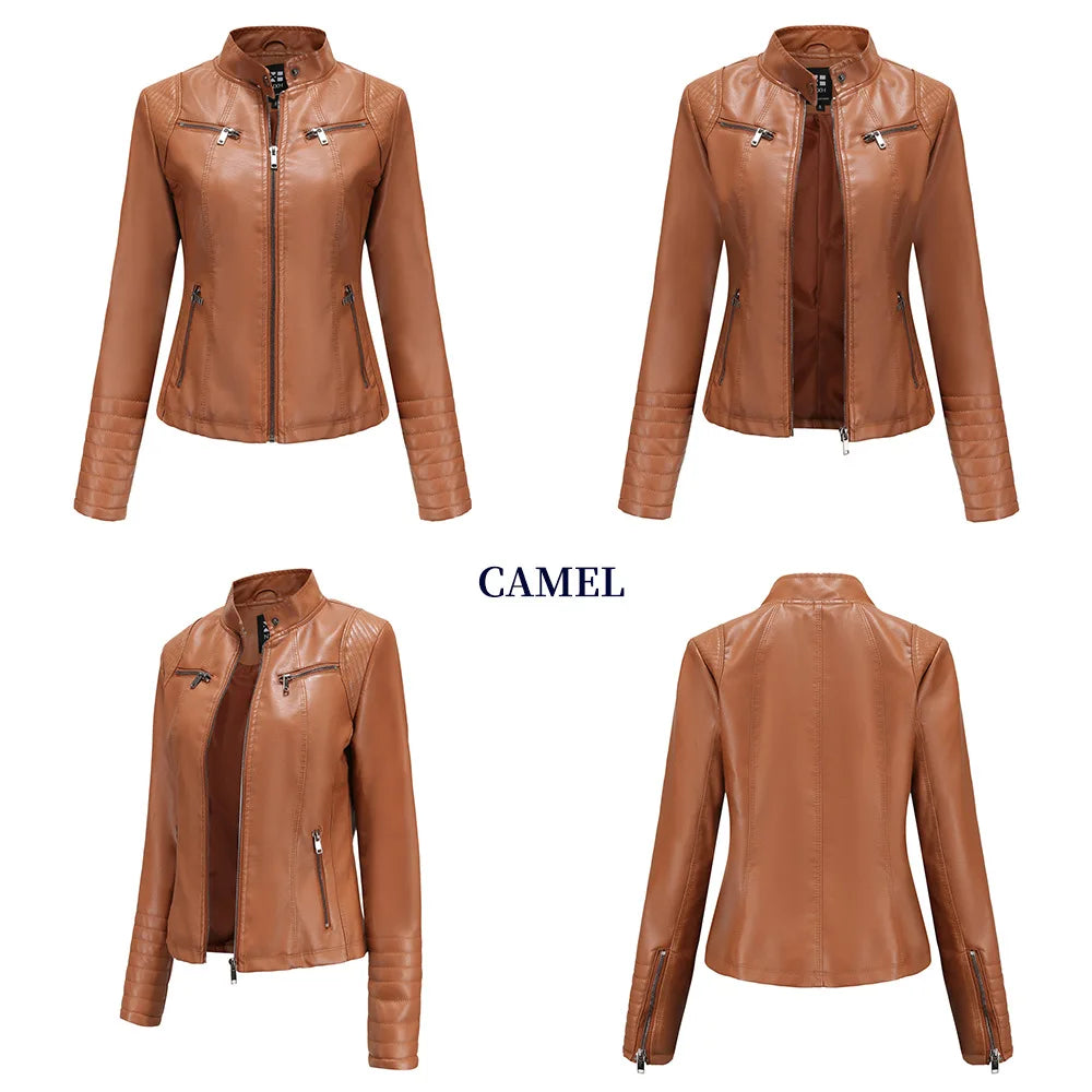 2026 New Women's Slim Leather Jacket, Stand-up Collar, Zipper Stitching, Monochromatic PU Coat, Fashion Clothing.