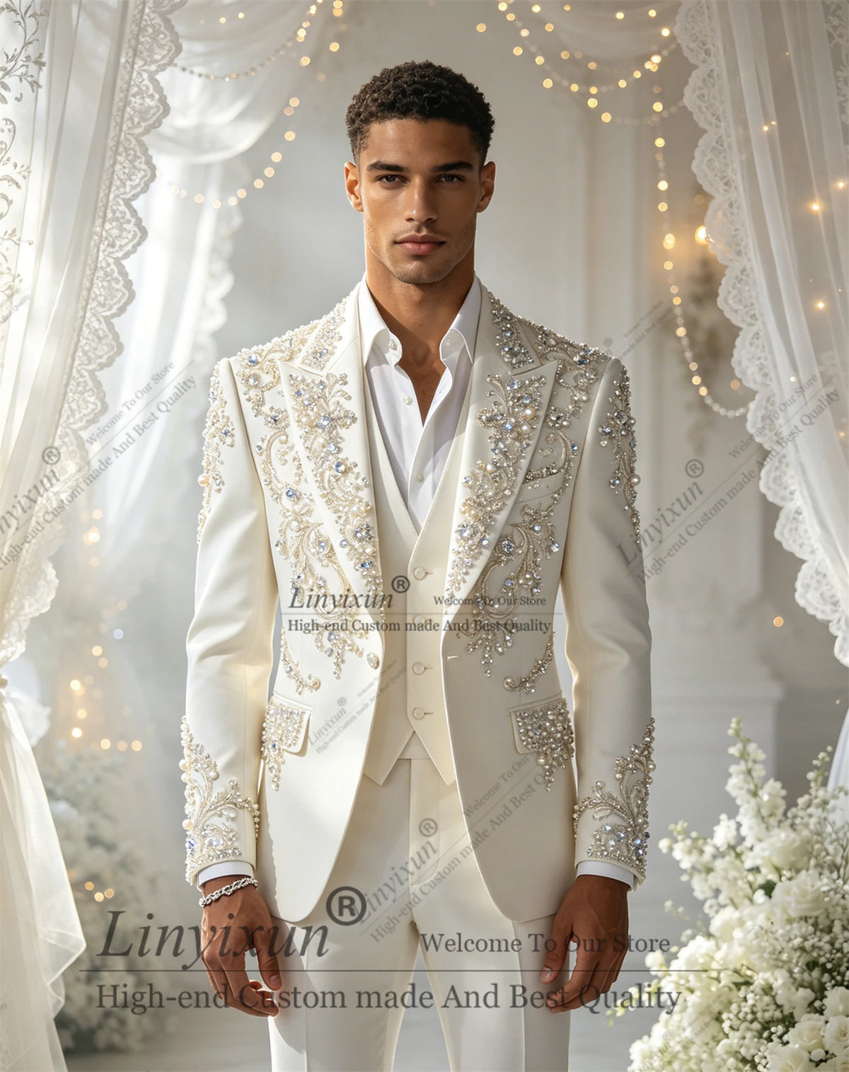 Elegant Diamond  Men Suits Set 3 Pcs Blazer Pants Trousers Luxury Wedding Tuxedo Formal Business Groom Coat Customized