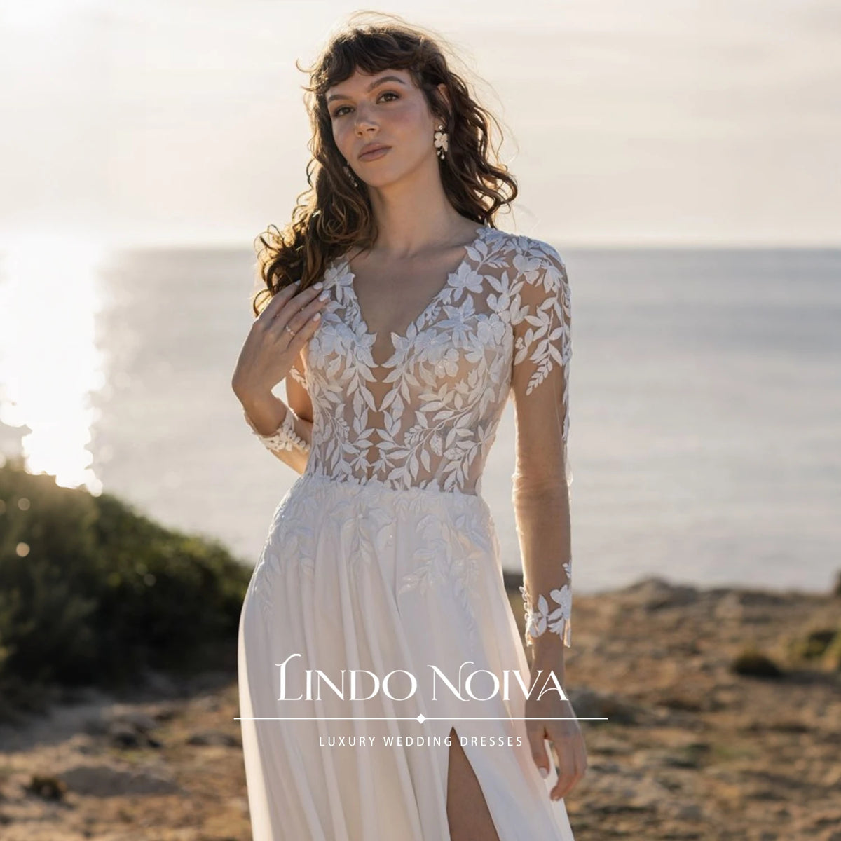 LINDO NOIVA Customized Chiffon A‑Line Wedding Dress Deep V Neck Lace Sleeves Bridal Gown Boho Vestido De Noiva For Women