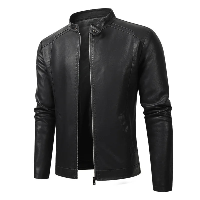 White and Red Patchwork Men's PU Jacket, Stylish Vintage Biker Faux Leather Coat, Available in Black or Brown.