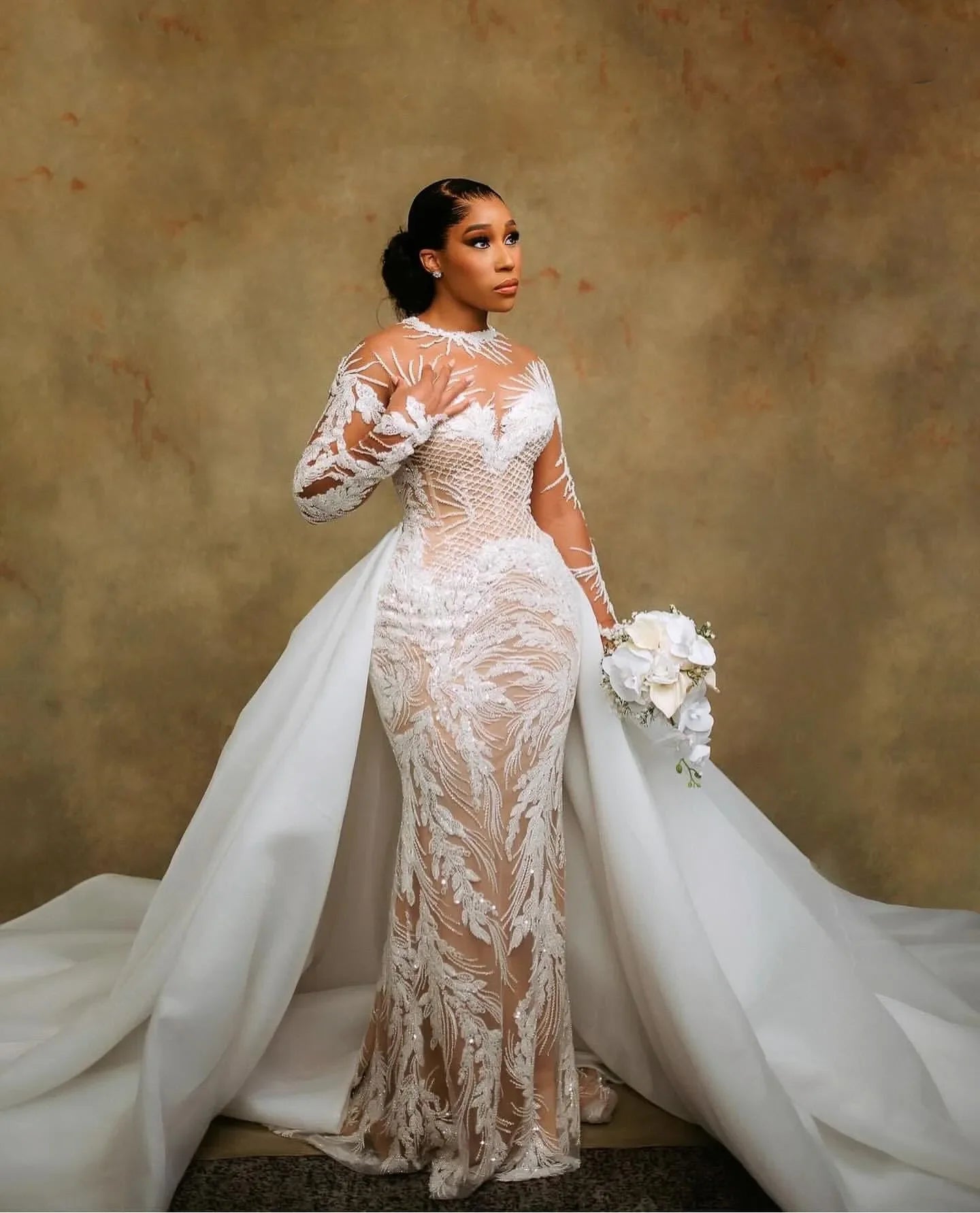 Customized Luxury Africa Aso Ebi Plus Size Illusion Mermaid Ivory Wedding Dress Beaded Sequined Lace Bridal Gowns Dresses