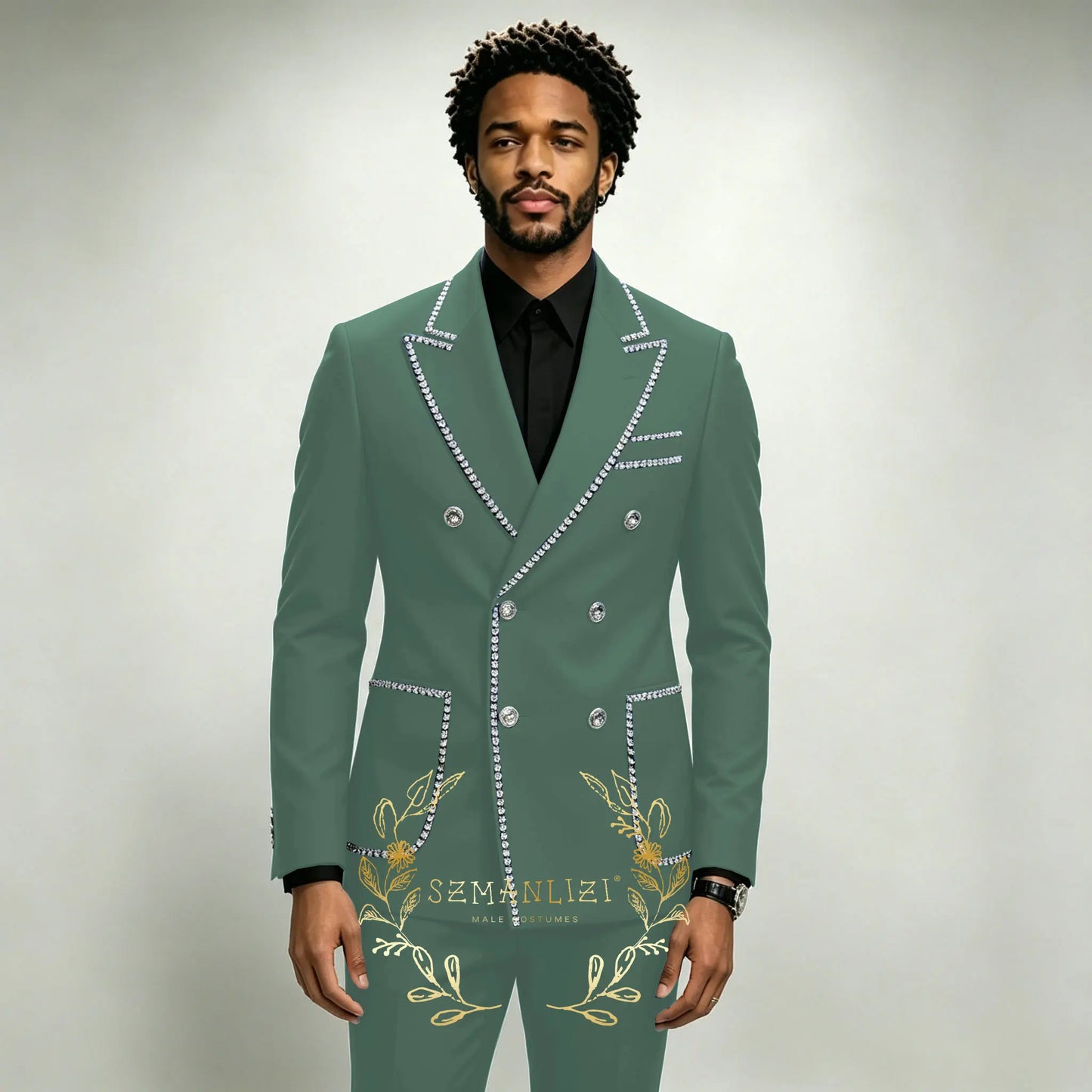 Luxury Men's Suits 2 Pieces Royal Blue Crystals Peaked Lapel Double Breasted Groom Wedding Tuxedo Wear Formal Party Prom Suits
