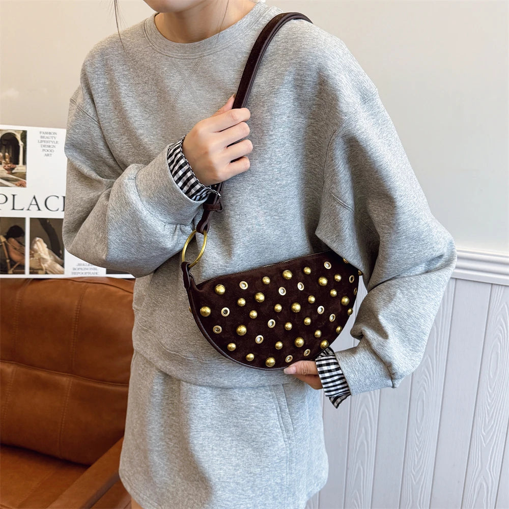 MOODS Branded Half-moon Shoulder Bags For Women Faux Suede Rivets Decor Crossbody Hobo Bags 2025 Latest Designer Handbags Luxury