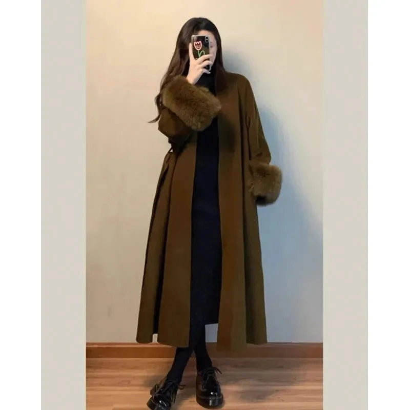 Women Autumn Winter Woolen Coat 2025 New High-End French Style Fur Sleeves Mid-Length Woolen Coat Women Long Coat Loose Outwear
