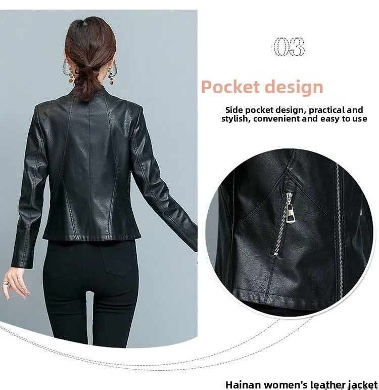 Real Leather Biker Jacket Women's Short Style 2026 Spring Autumn New Korean Version Slim Fit Stand Collar Miniature Coat