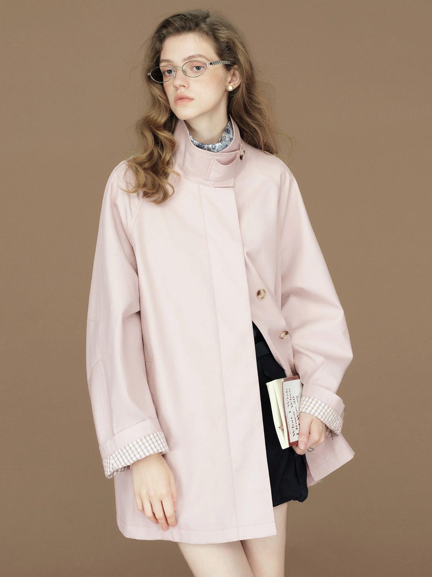 FSLE 2026 Womens British Trench Coat Contrast Cuff Stand Collar Heritage Workwear Style Pink Black Khaki Short Long Trench Coat