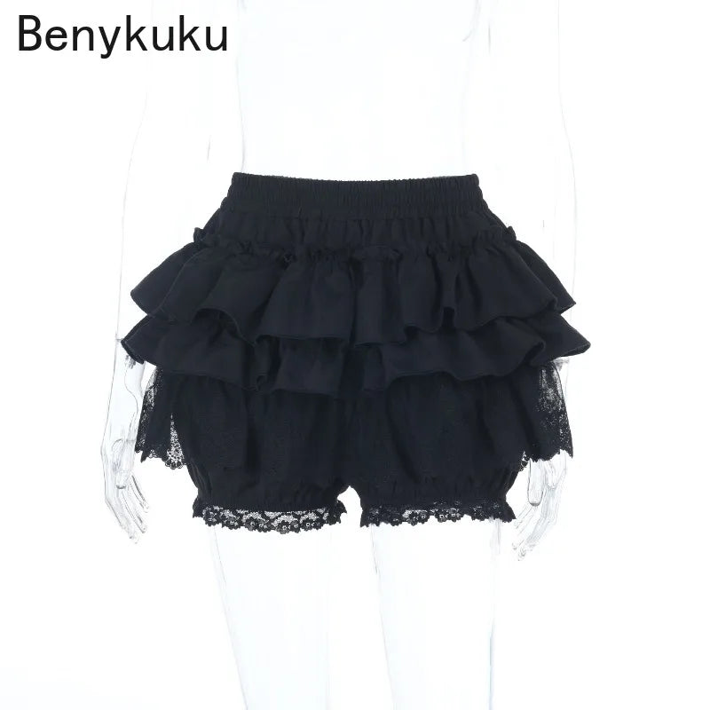 Gothic Punk Girls Kawaii High Waist Shorts Skirts Lolita Vintage Lace Ruffles Shorts Y2k E-girl Black Women Pumpkin Bloomers