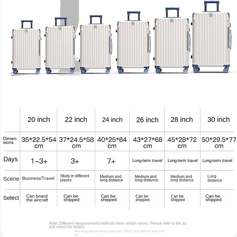28/30 inch Large-capacity Luggage Lightweight Aluminium Frame Trolley Case 20 inch Can Boarding Zip Model Suitcases on Wheels