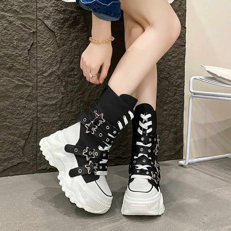 New Rock Platform Y2K Boots Women Summer 2026 Gothic Metal Star Belt Buckle Thick Sole Mid Calf Boots Woman Designer Punk Shoes