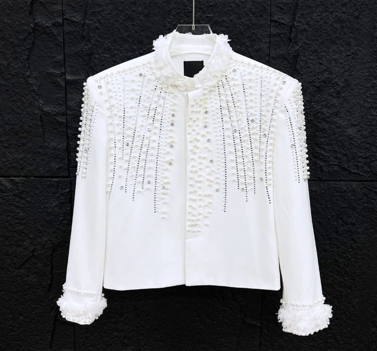 Fashion Men's Jacket Spring Autumn High-End Pearl Niche Personality Design Short Men's Stand Collar Coat