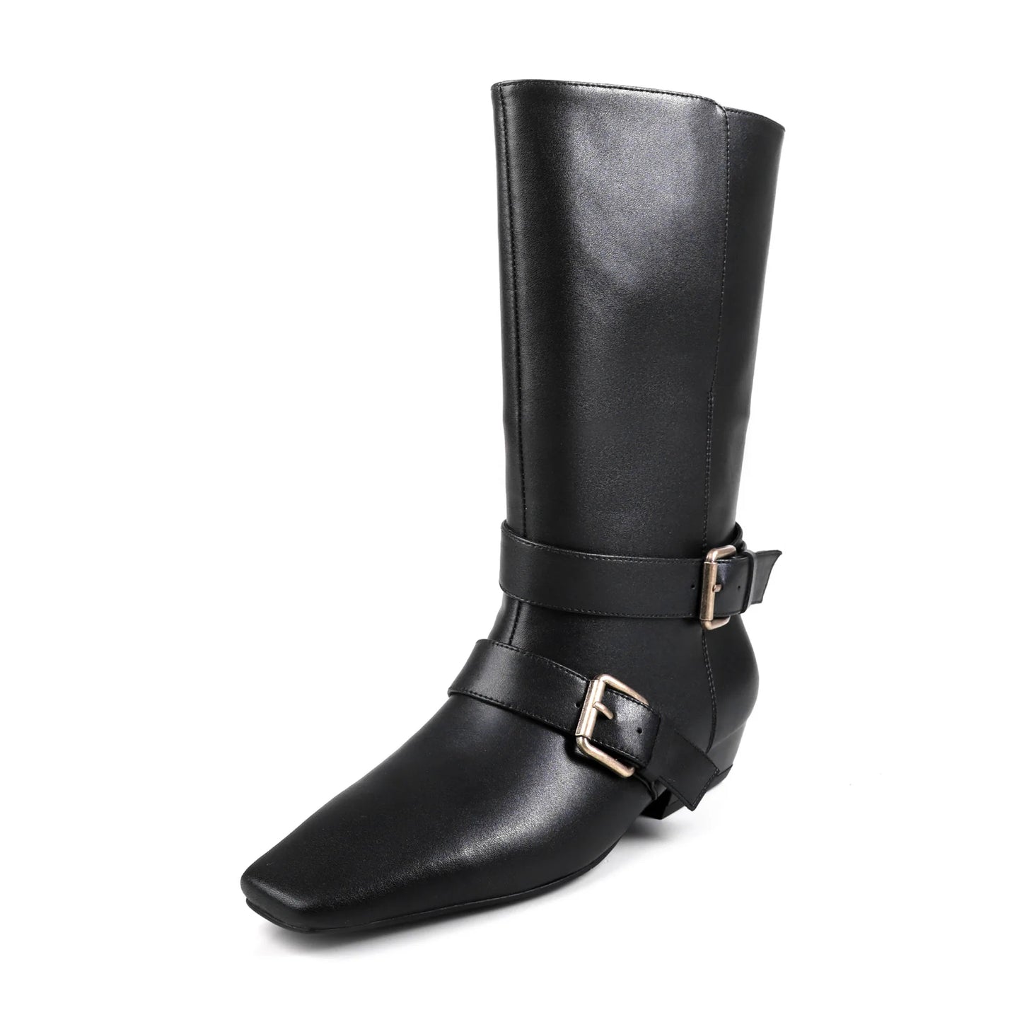Arden Furtado Autumn Belt buckle cowhide Mid-Calf boots Square toe pull-on Middle heel Modern boots Large size Women's Boots