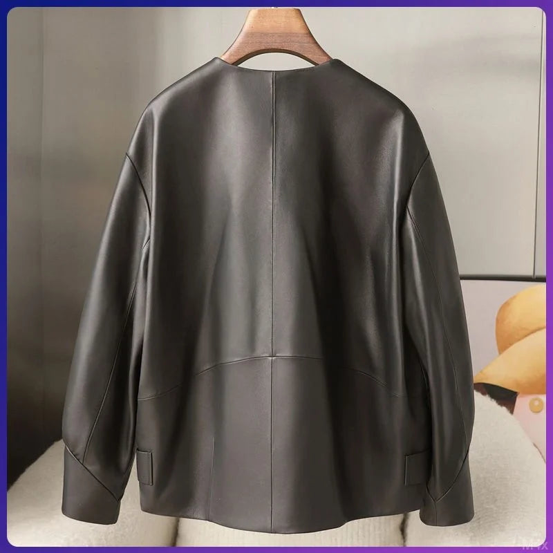 Orange Black Leather Jacket Spring Autumn Coat 2026 New Women's Leather Coat Round Neck Lantern Sleeves PU Leather Outerwear