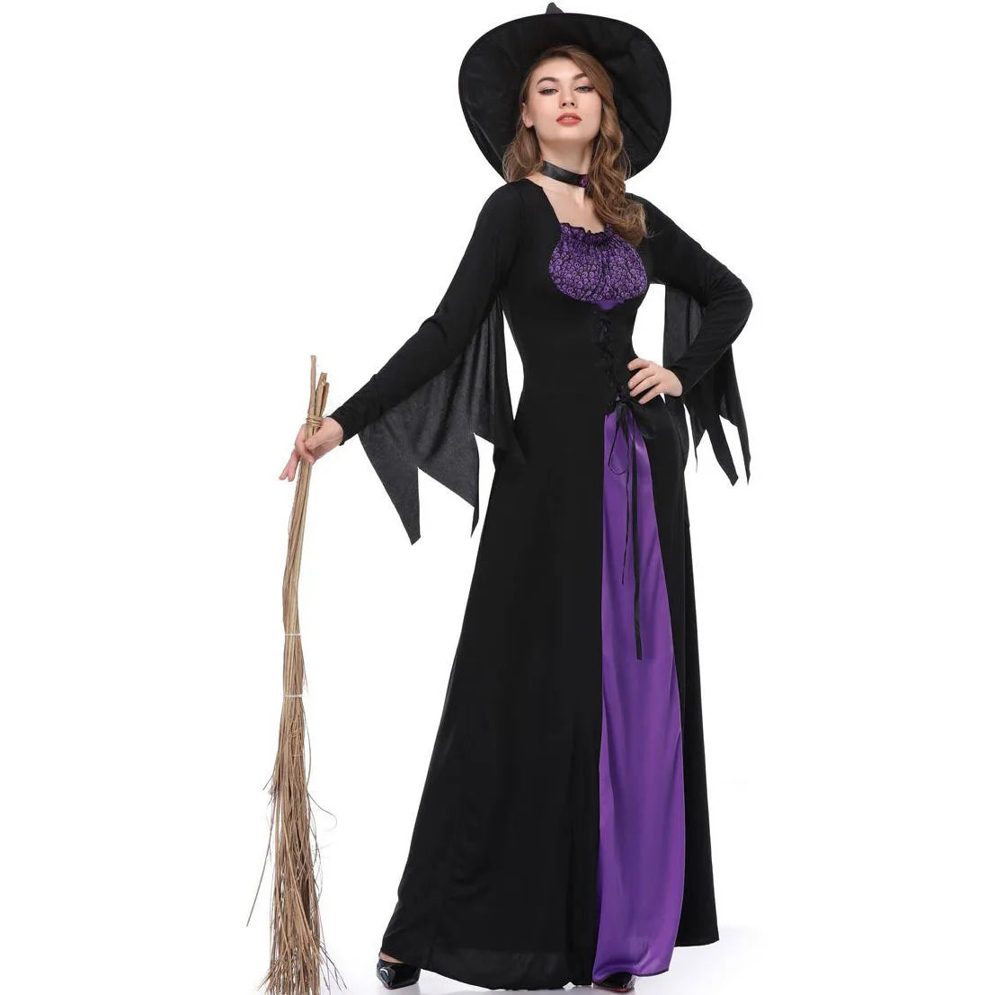 Womens Halloween Witch Costume Purple Black Long Dress Gothic Sorceress Gown Bell Sleeve Lace Up Cosplay Parties  Fancy Outfits