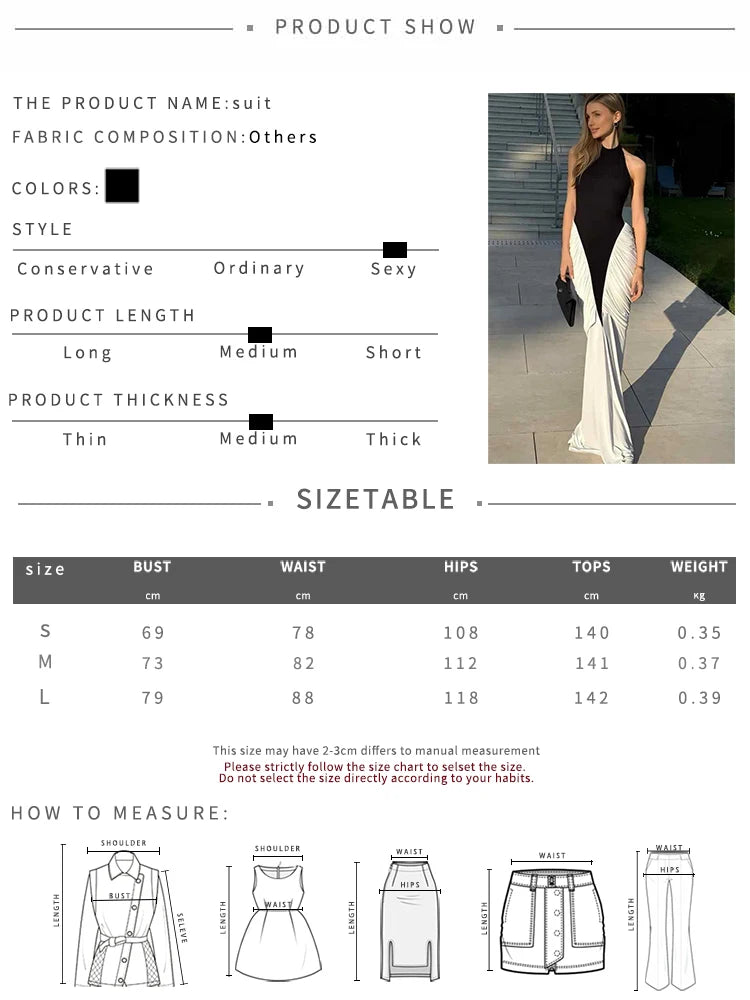 Nibber Backless Folds Maxi Dress Women Black White Patchwork Peach Butt Halter Slit Summer Trend Temperament Clubwear Vestidos