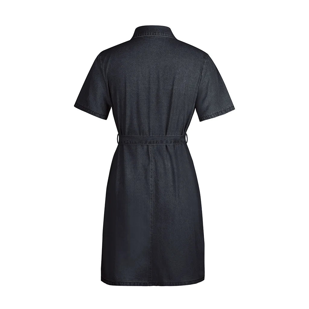 Denim Dresses Women Mini Dress Vintage Turn Down Collar Lace Up Zipper Pockets Distressed Summer Vestidos Streetwear 2025