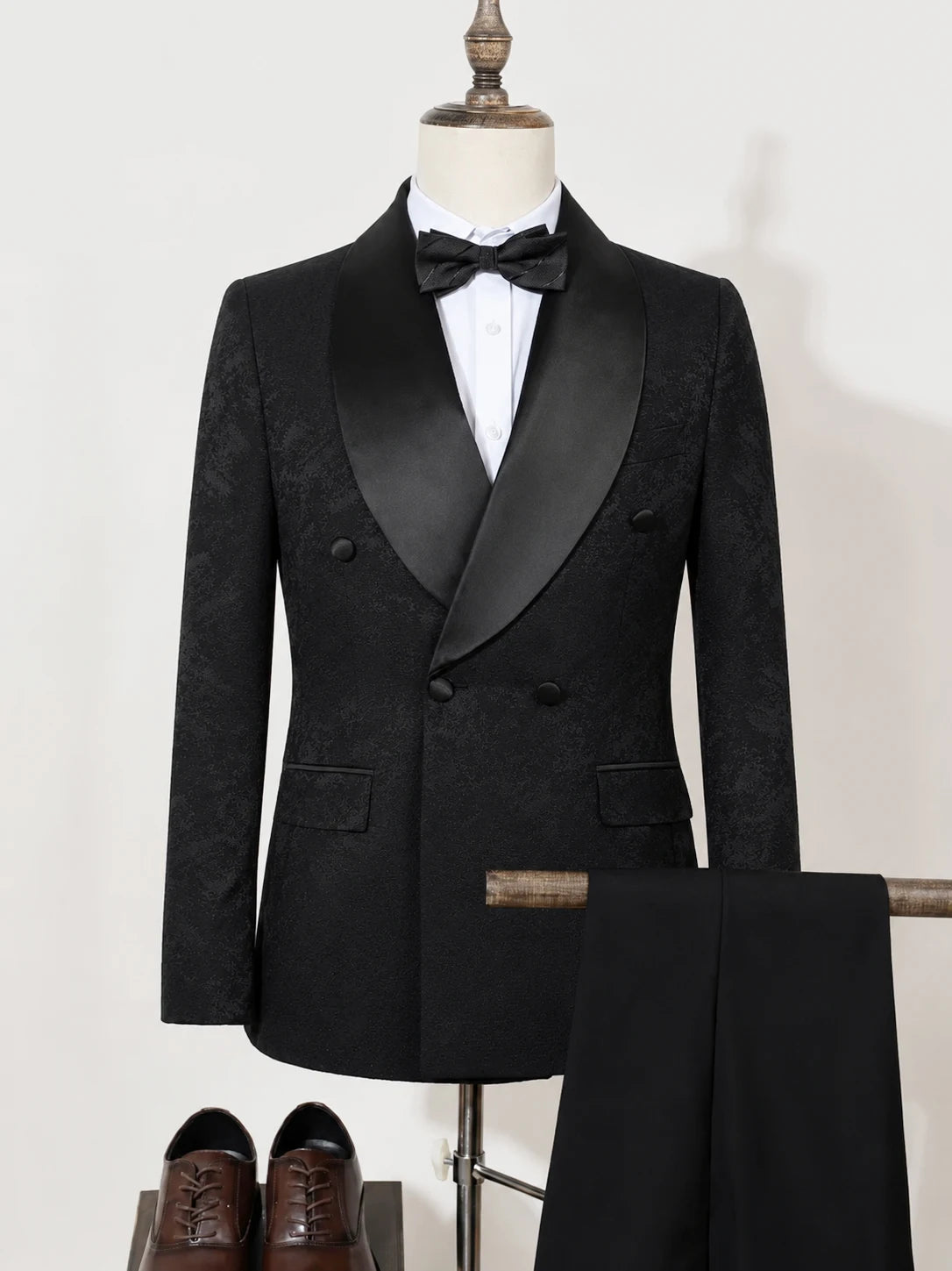Black Luxury 2-Piece Set Men Suit Party Shawl Collar Double Breasted Business Casual Suit Groom's Wedding Dress Jacquard Pattern